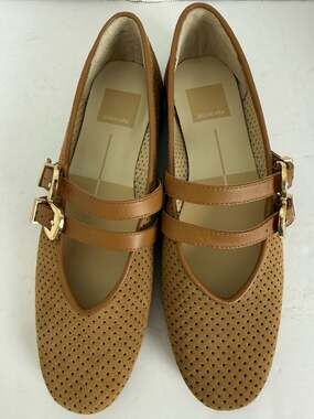 Dolce Vita Tan Perforated Double-Strap Mary Jane Flats with Gold Buckles